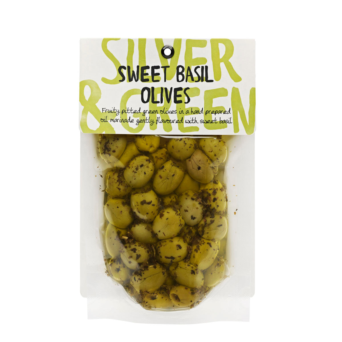 Silver &amp; Green Sweet Basil Olives (Pitted)